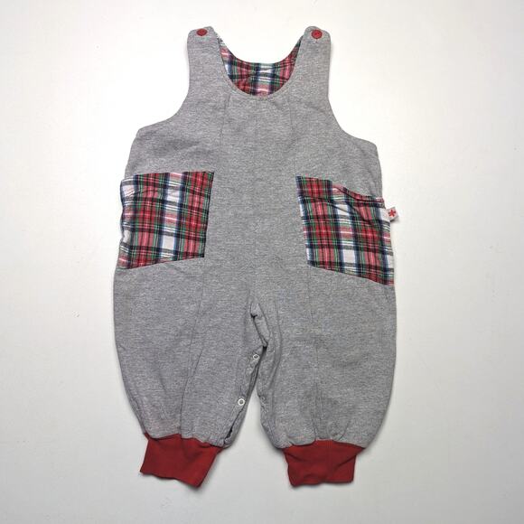 Vintage Jumpsuit Boys Size 18-24m Gray Red Plaid Romper - Picture 1 of 8